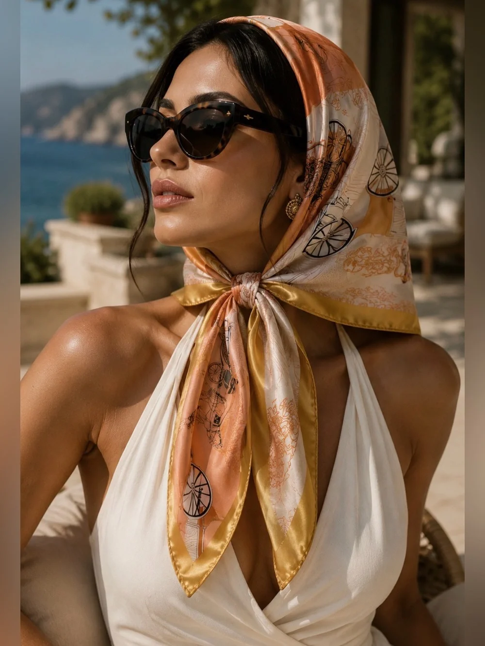Vintage Silk Carriage Print Square Scarf – Peach Ivory & Gold